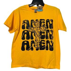 New Hand Printed Youth Medium Yellow Amen Amen Amen Jesus Crew Neck Tee